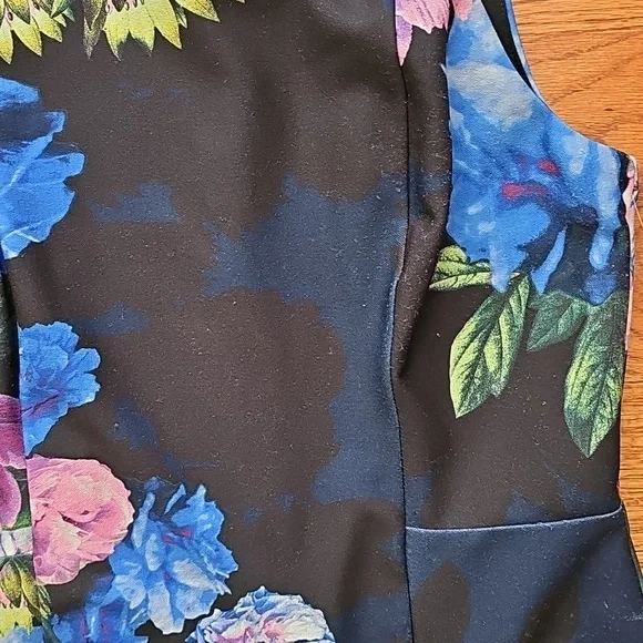Sleeveless Black Floral Sheath Dress with Blue & Pink Blooms - Picture 2 of 3